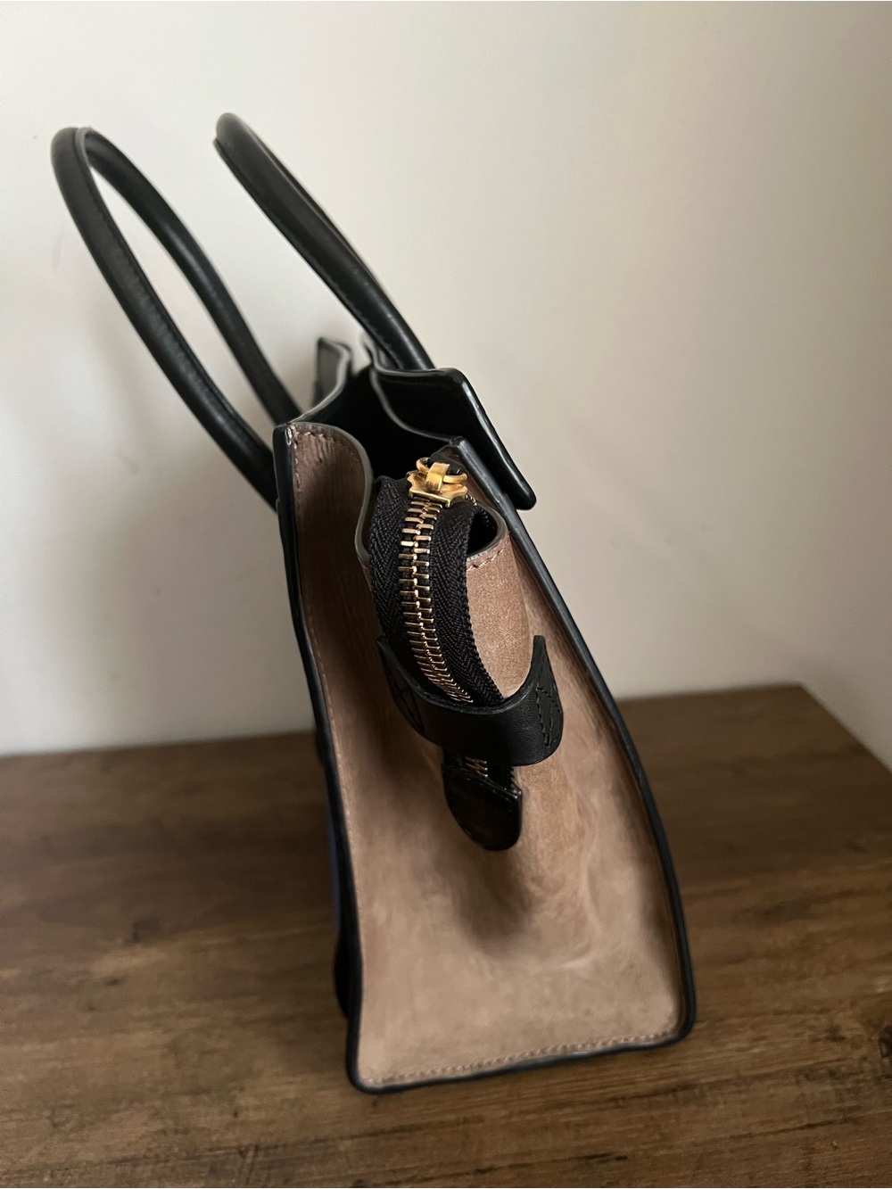 Celine Blue Suede Micro Luggage Satchel with Black and Taupe colorblock - Picture 5 of 7
